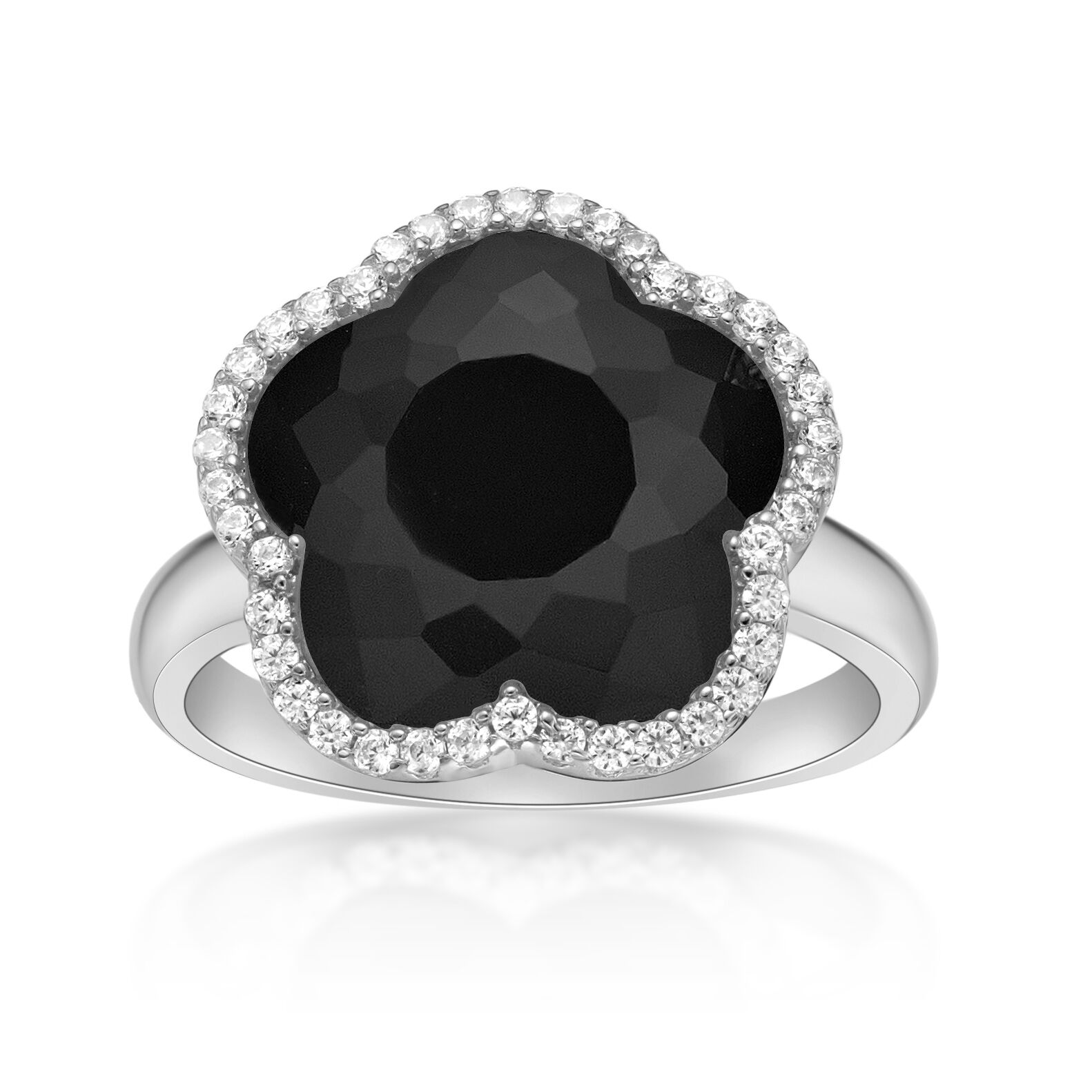 Lavari Jewelers Women’s Black Onyx Five Petal Flower Ring, 925 Sterling Silver, Cubic Zirconia