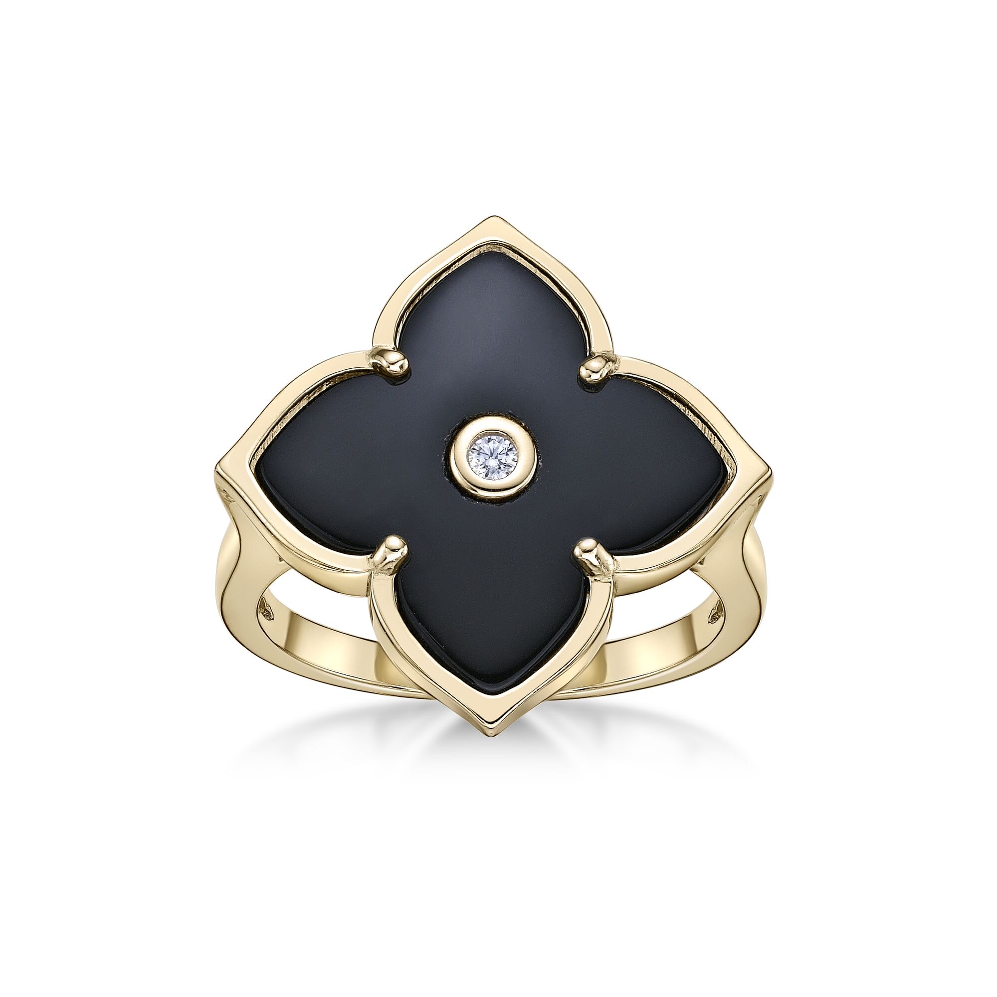 Women's Black Onyx Flower Ring in Yellow Gold Plated Sterling Silver with Cubic Zirconia - Flora | Lavari Jewelers
