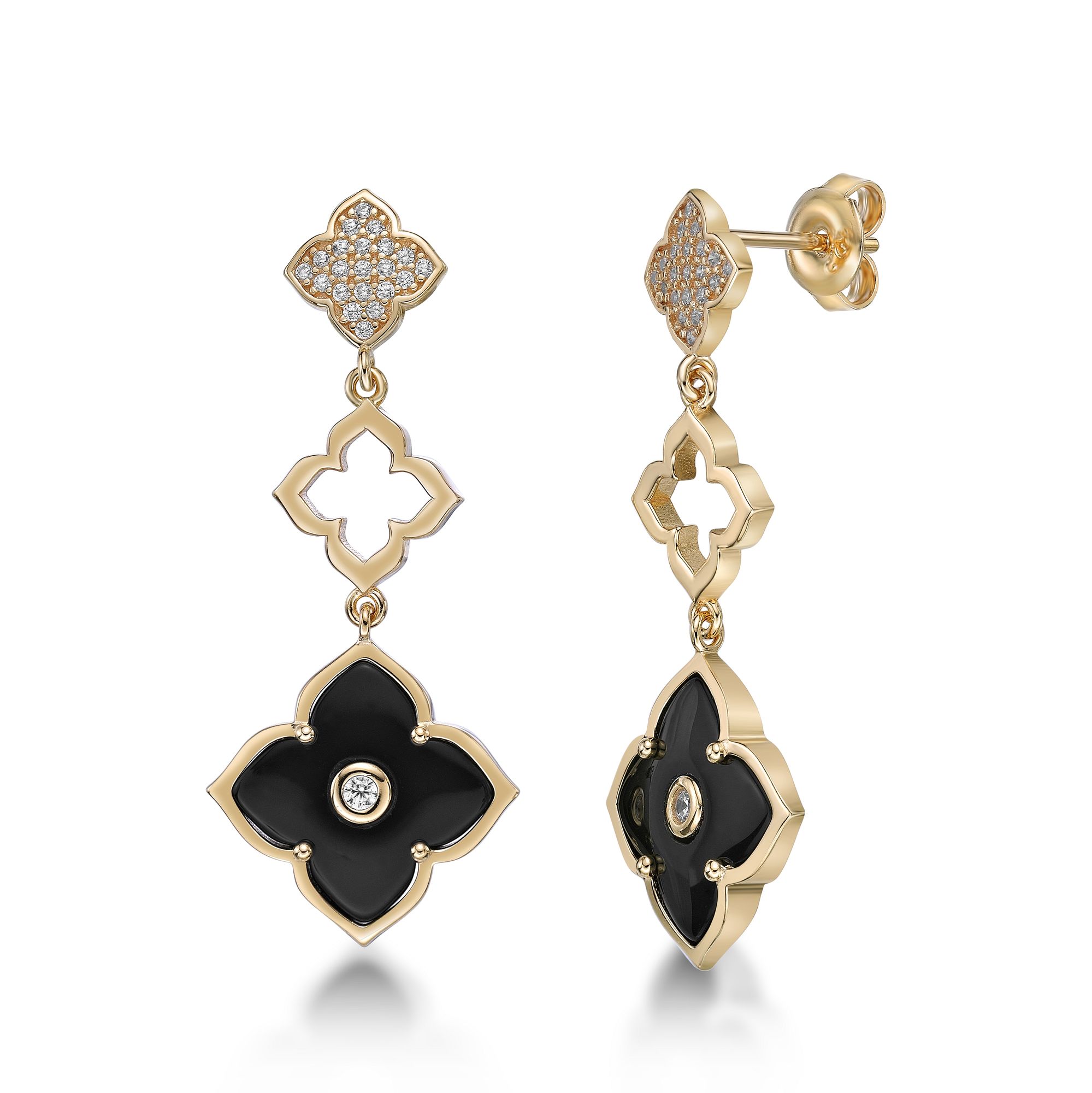 Women's Black Onyx Triple Flower Dangle Drop Earrings in Yellow Gold Plated Sterling Silver with Cubic Zirconia - Friction Back - Flora | Lavari Jewelers