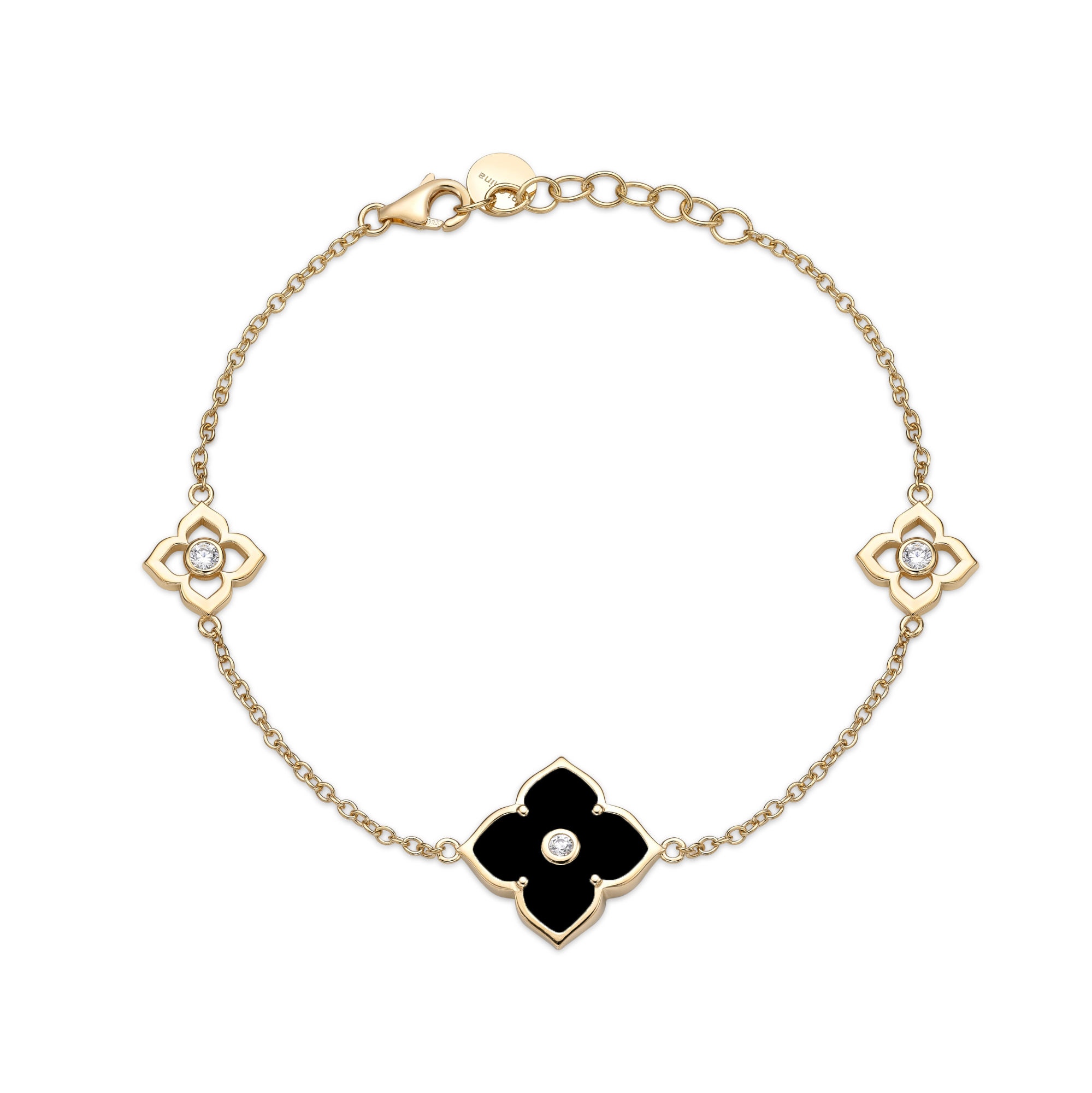 Women's Black Onyx Triple Flower Bracelet in Yellow Gold Plated Sterling Silver with Cubic Zirconia - 7-8 Inch Adjsutable Cable Chain - Flora | Lavari Jewelers
