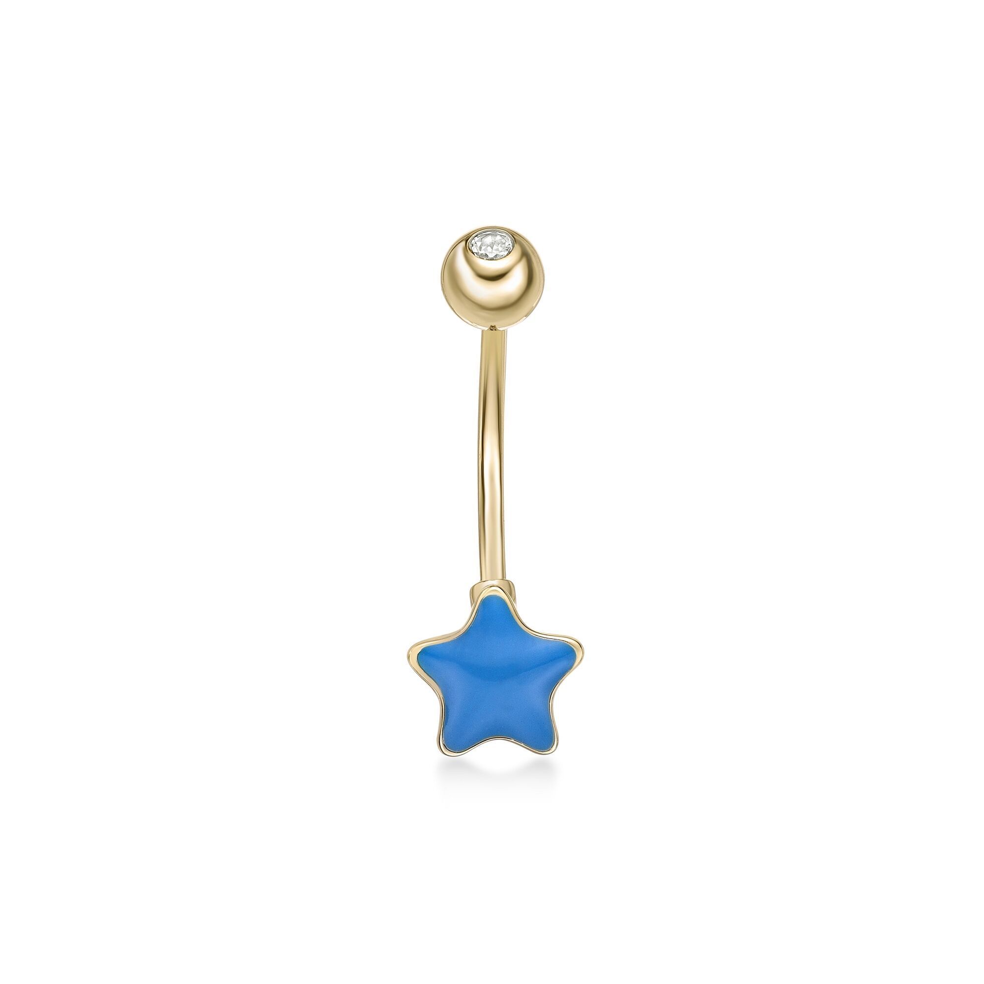 Women’s Blue Enamel Star Belly Ring with Cubic Zirconia, 10K Yellow Gold, 16 Gauge | Lavari Jewelers