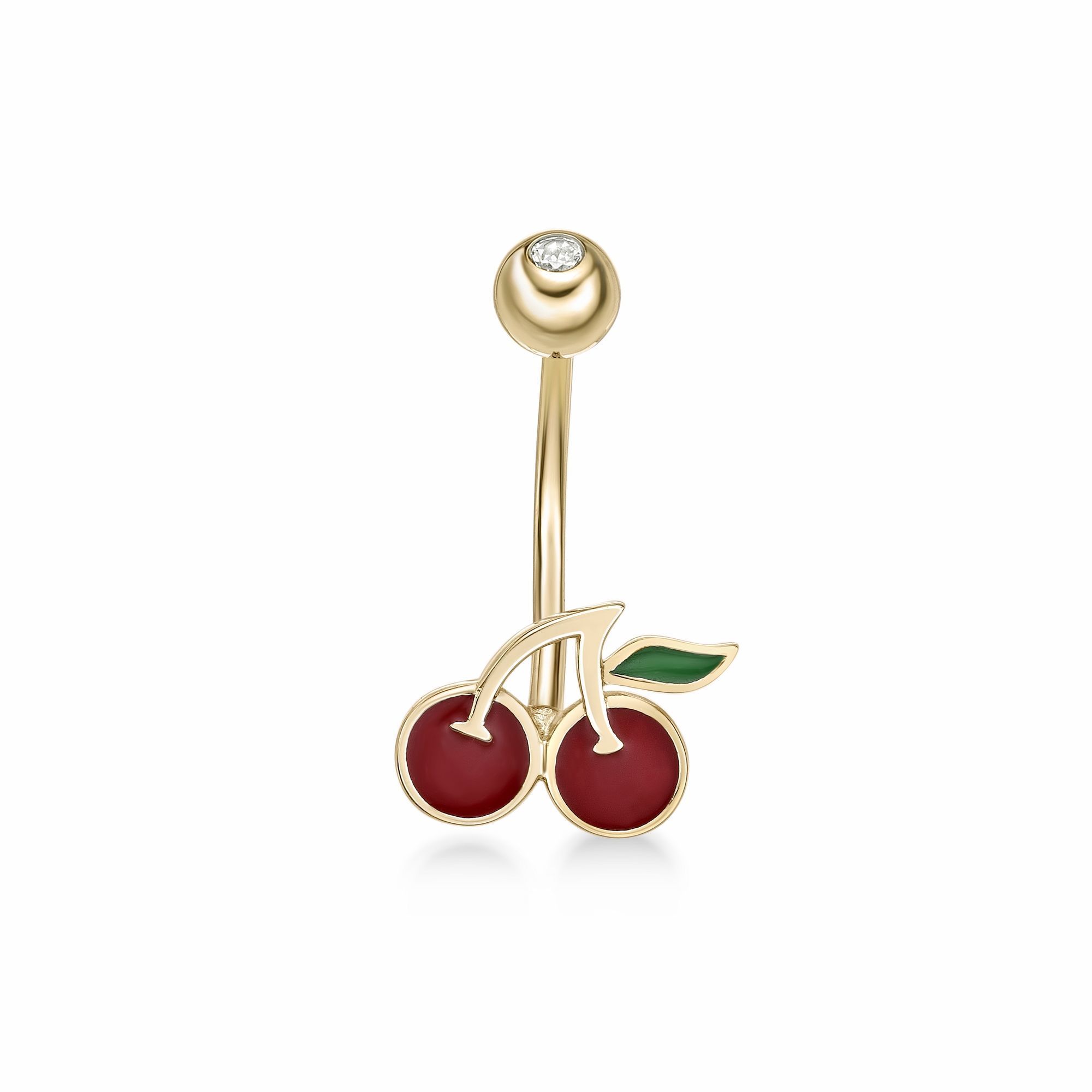 Women’s Red and Green Enamel Cherry Belly Ring with Cubic Zirconia, 10K Yellow Gold, 16 Gauge | Lavari Jewelers