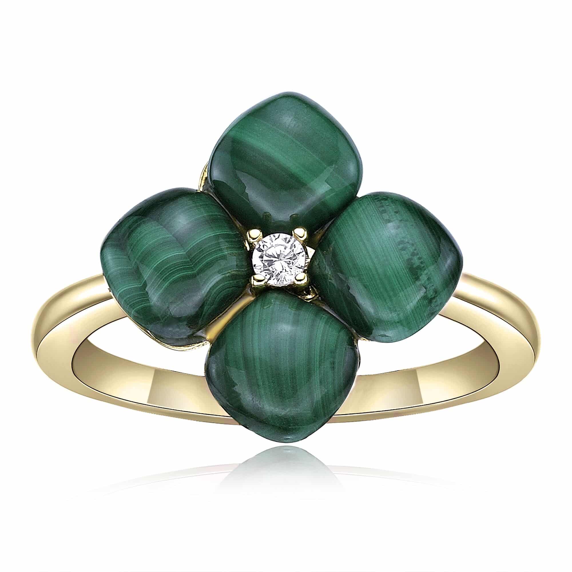 Women's Malachite Flower Ring in Yellow Gold Plated Sterling Silver with Cubic Zirconia - Flora | Lavari Jewelers