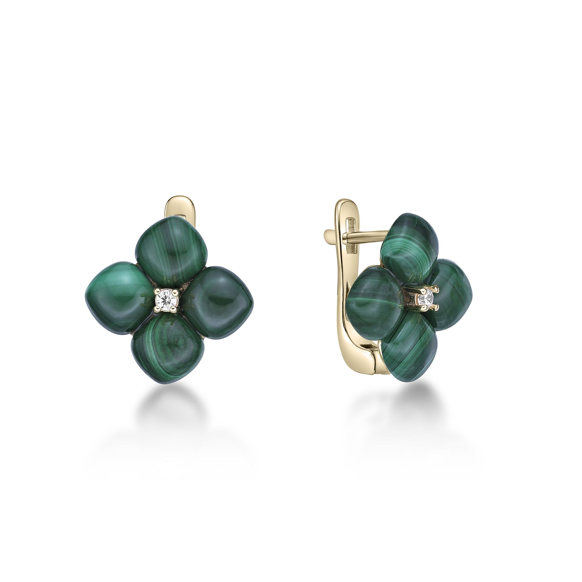Women's Malachite Flower Hinged Back Earrings in Yellow Gold Plated Sterling Silver with Cubic Zirconia - Flora | Lavari Jewelers