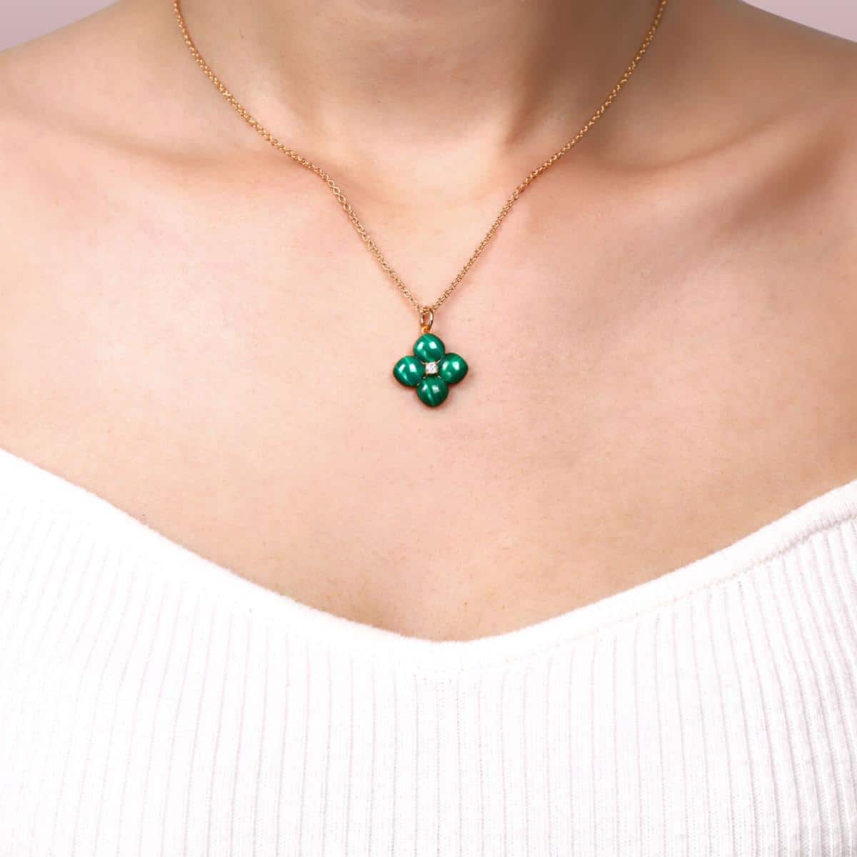 Women's Malachite Flower Pendant Necklace in Yellow Gold Plated Sterling Silver with Cubic Zirconia - 18 Inch Adjustable Cable Chain - Flora | Lavari Jewelers