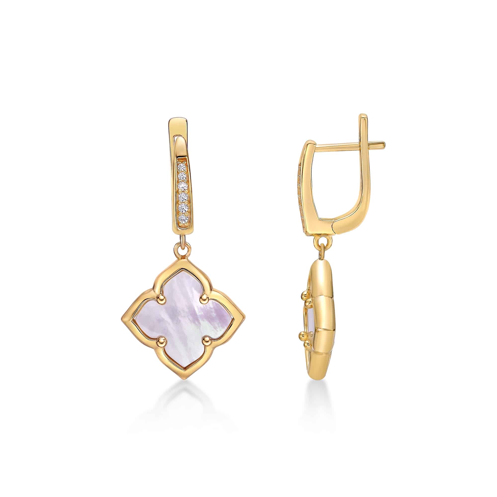 Women's Mother of Pearl Flower Hinged Back Drop Earring in Yellow Gold Plated Sterling Silver - Flora | Lavari Jewelers