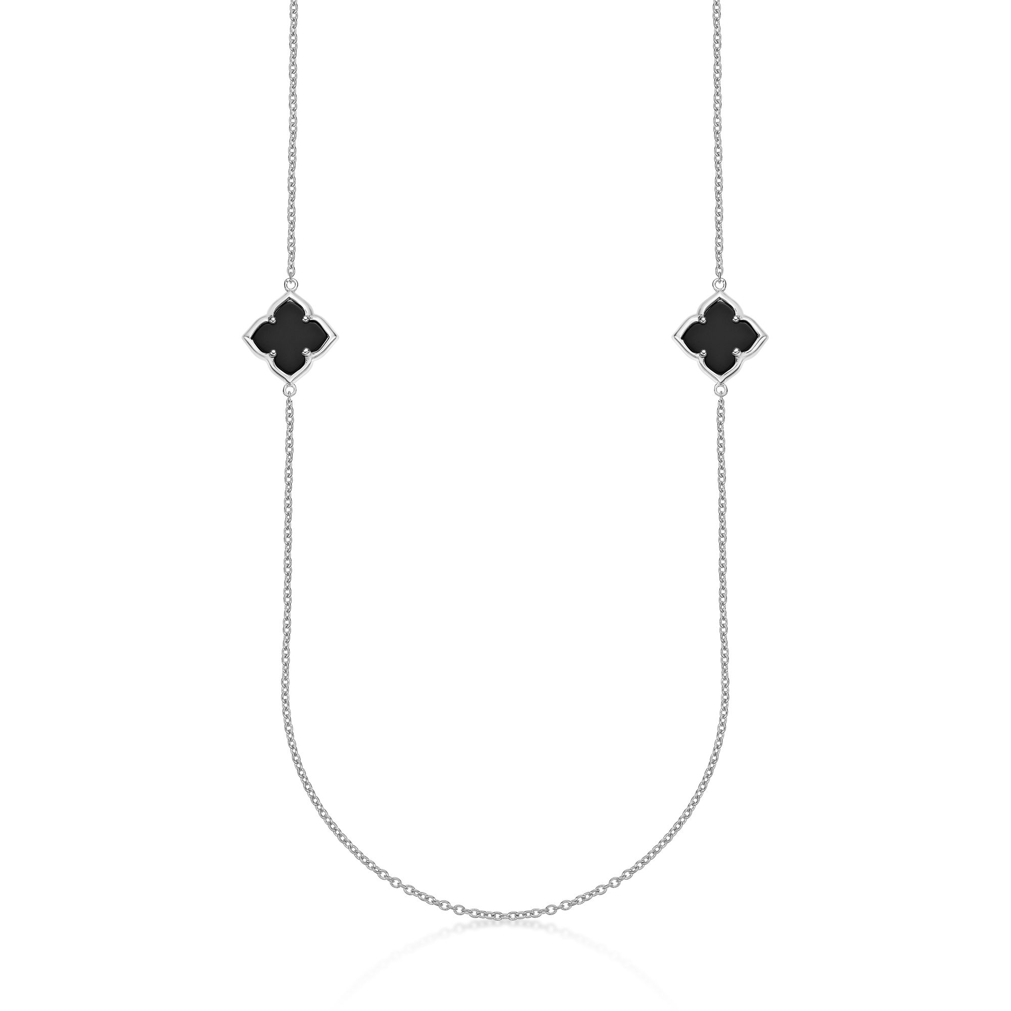 Women's Black Onyx Flower Necklace in 925 Sterling Silver - 32 Inch Adjustable Cable Chain - Flora | Lavari Jewelers