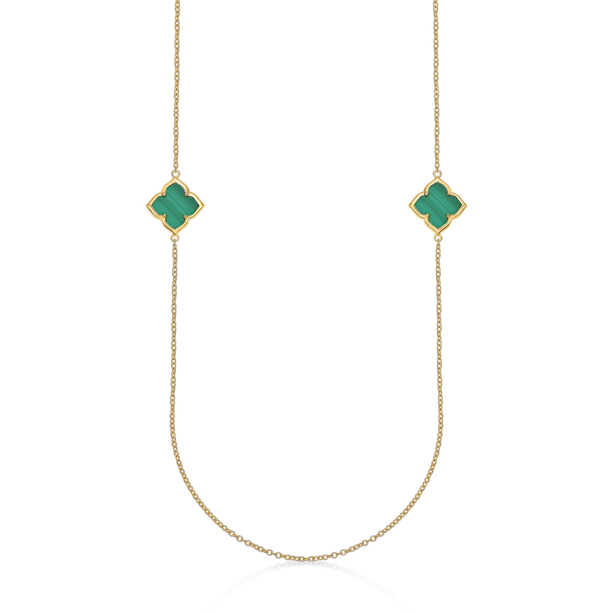 Women's Malachite Flower Necklace in Yellow Gold Plated Sterling Silver- 32 Inch Adjustable Cable Chain - Flora | Lavari Jewelers