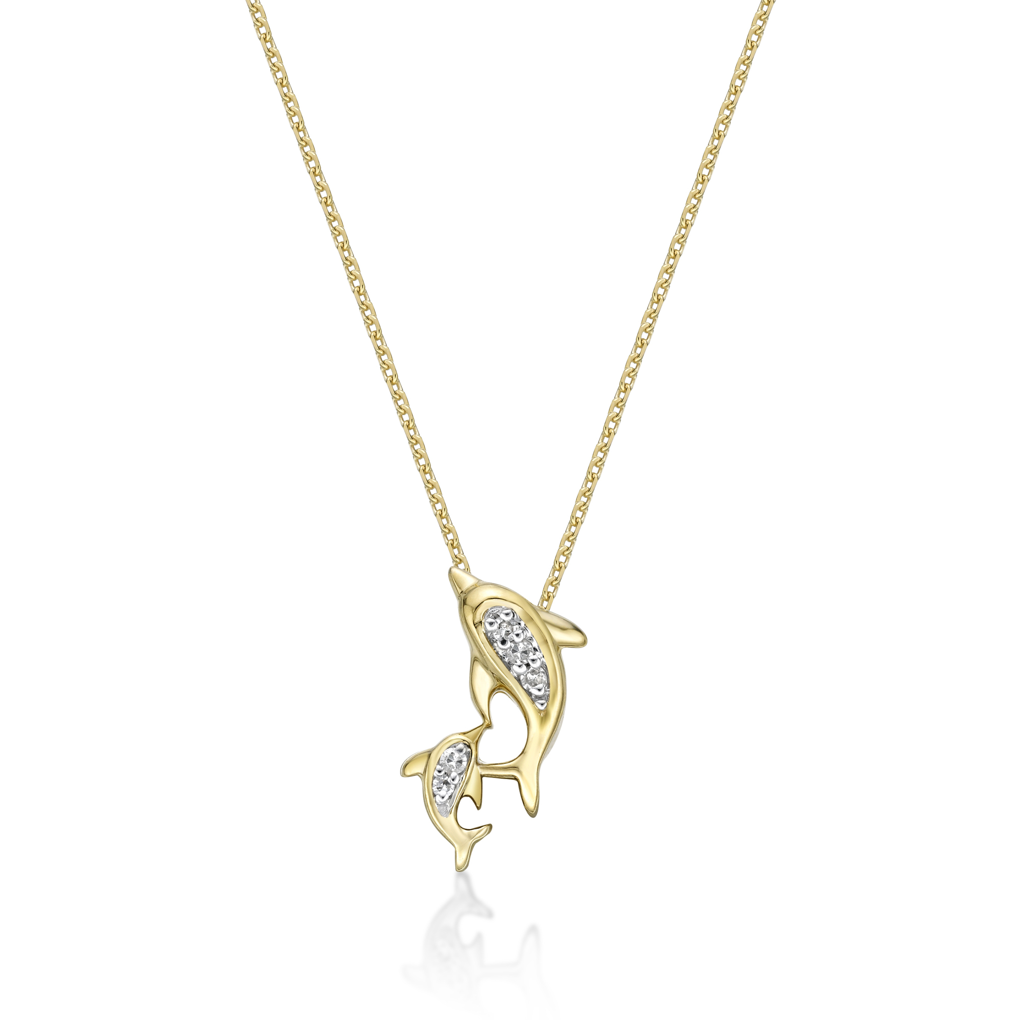 Women's Diamond Mini Mother and Child Dolphin Pendant with Spring Ring, 10K Yellow Gold, 0.02 Carat, 18" Cable Chain | Lavari Jewelers