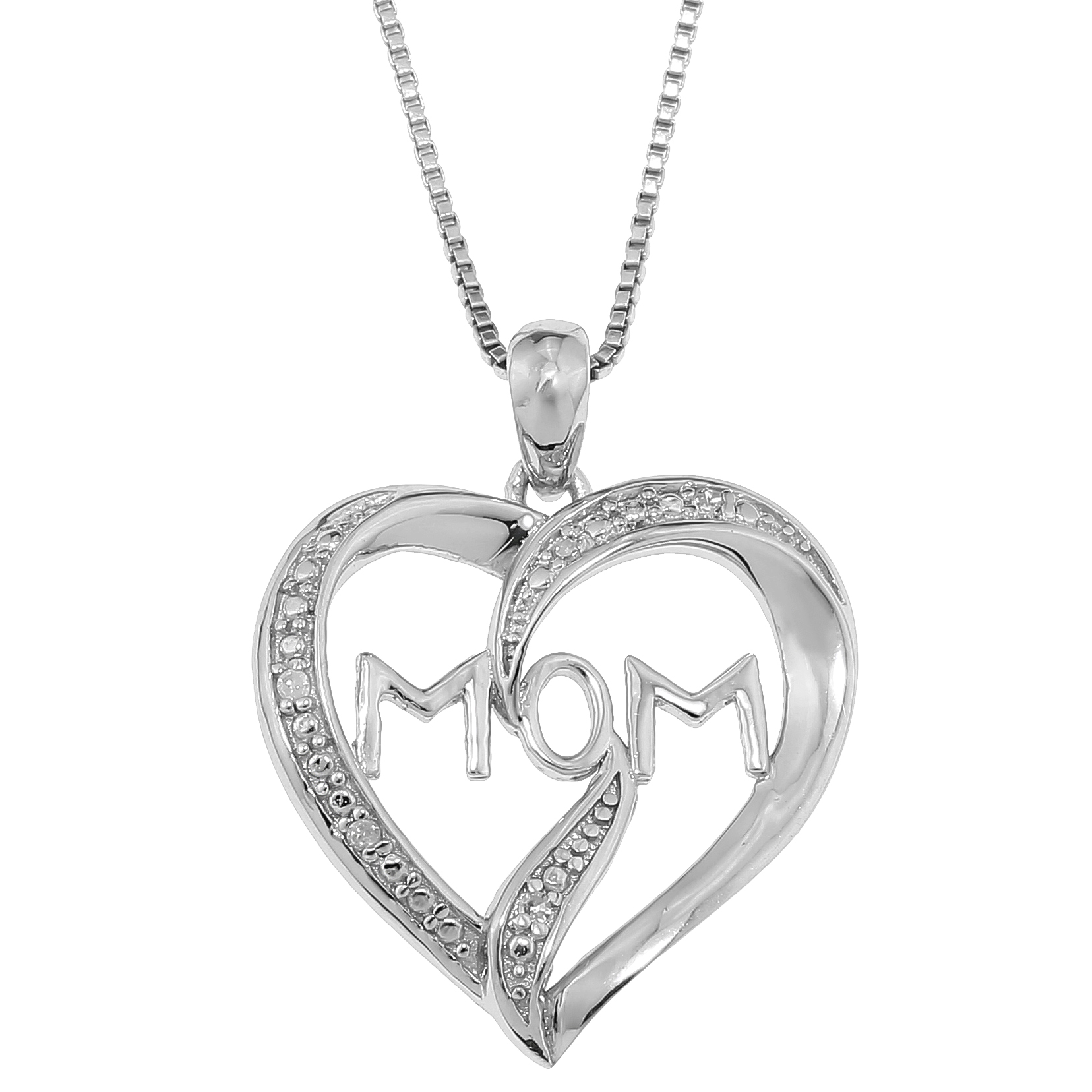 Women's Diamond "Mom" Heart Pendant with Spring Ring, Sterling Silver, 0.02 Carat, 18" Box Chain | Lavari Jewelers