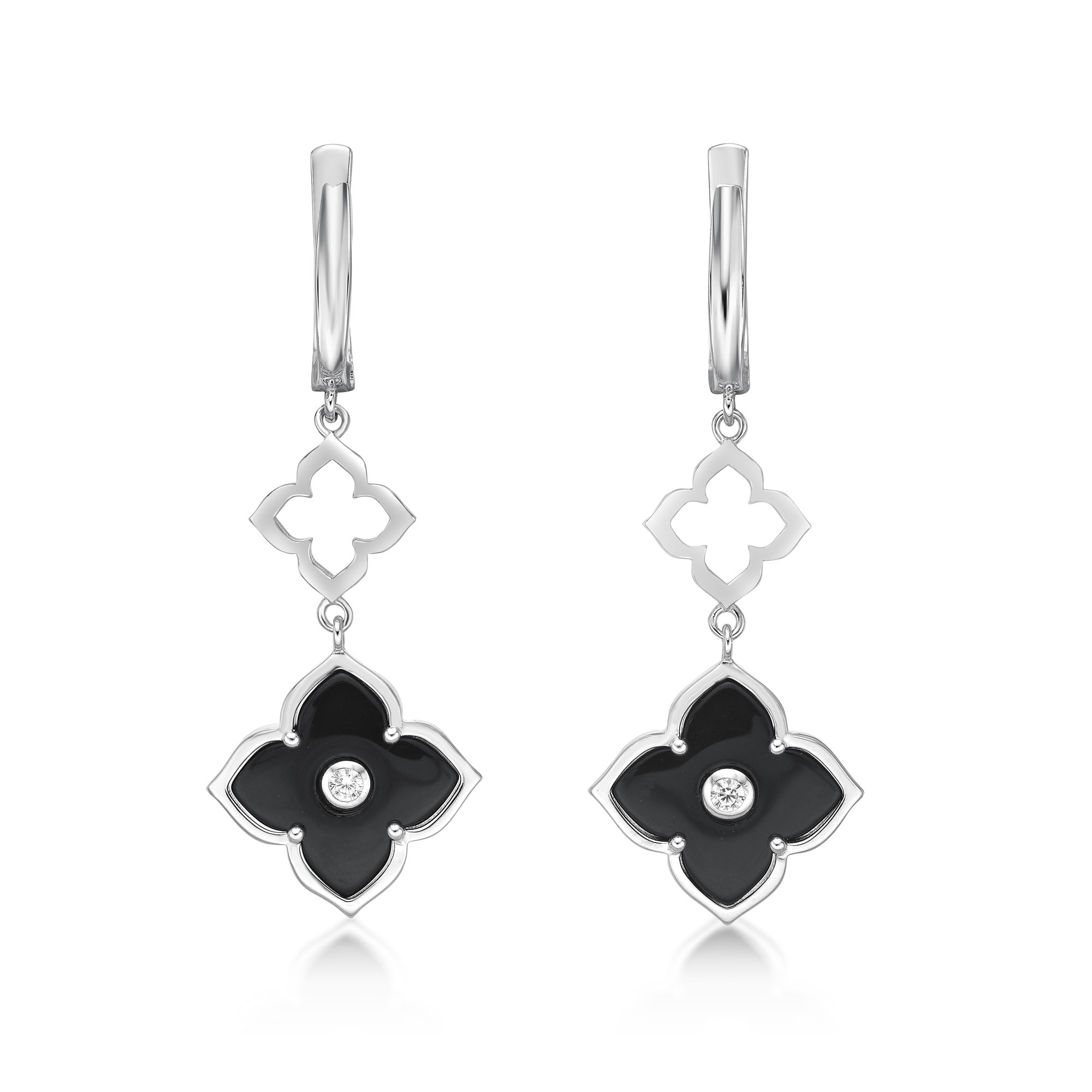 Women's Black Onyx Double Flower Dangle Drop Earrings in 925 Sterling Silver with Cubic Zirconia - Hinged Back - Flora | Lavari Jewelers