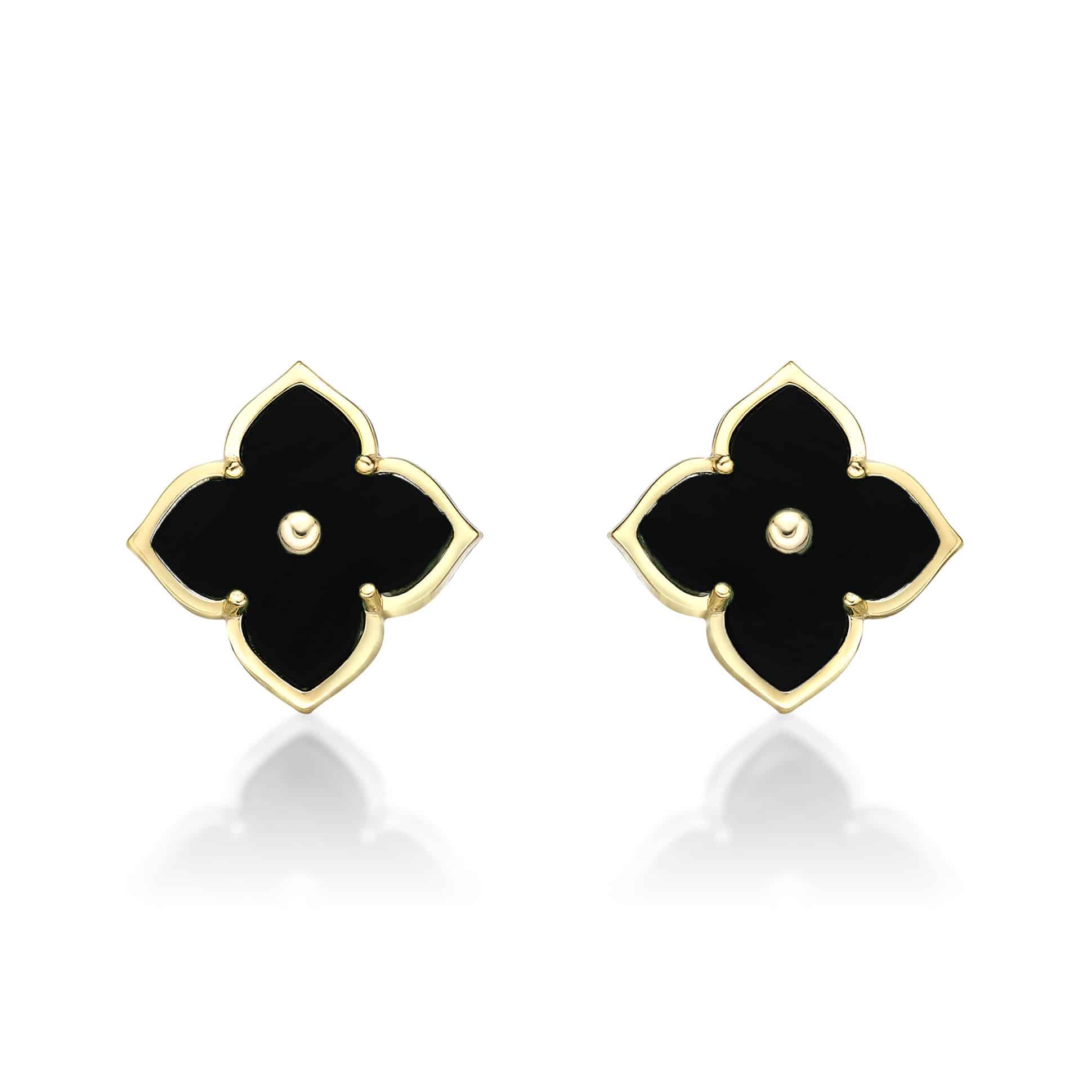 Women's Black Onyx Flower Stud Earrings in Yellow Gold Plated Sterling Silver with Cubic Zirconia | Lavari Jewelers