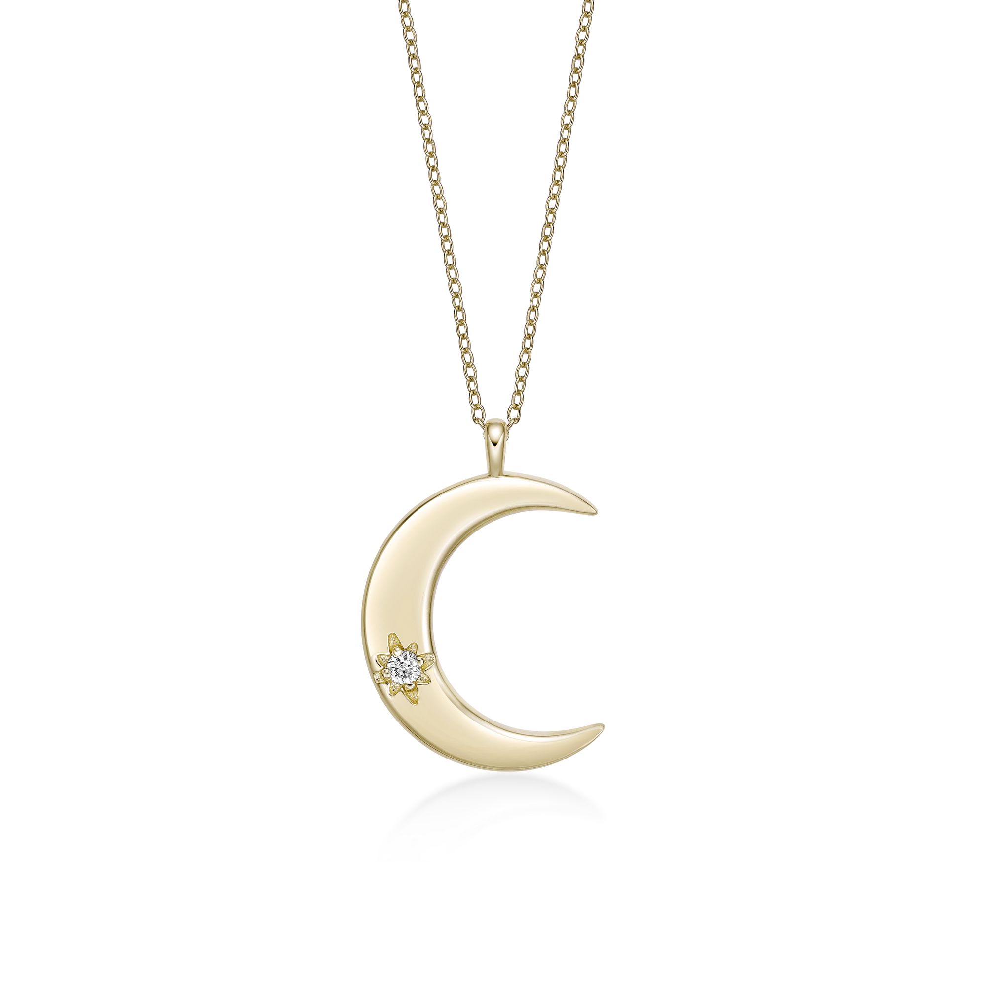 Women's Lab Grown Diamond Moon Pendant Necklace in 18K Yellow Gold-Plated Sterling Silver with Lobster Clasp, 0.05 Carat, 18" Cable Chain | Lavari Jewelers