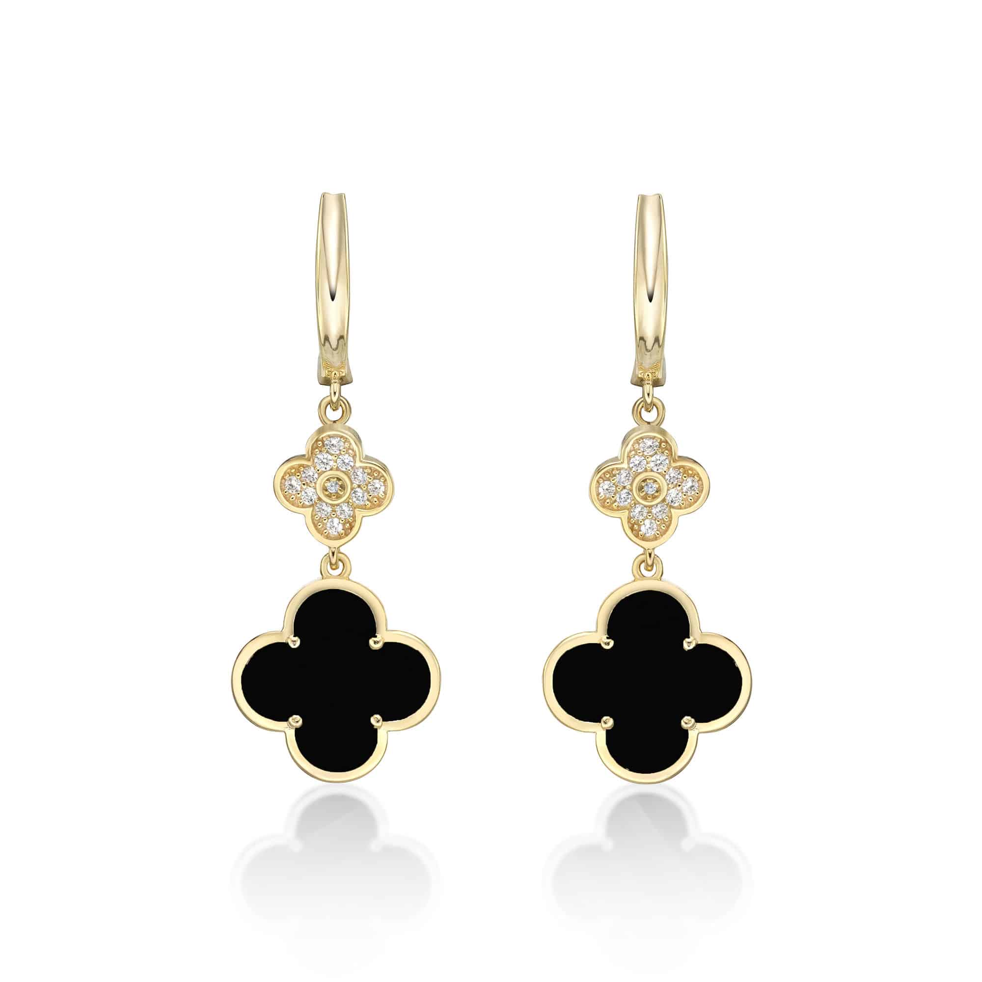 Women's Black Onyx Double Flower Earrings in Yellow Gold Plated Sterling Silver with Cubic Zirconia - Hinged Back - Flora | Lavari Jewelers