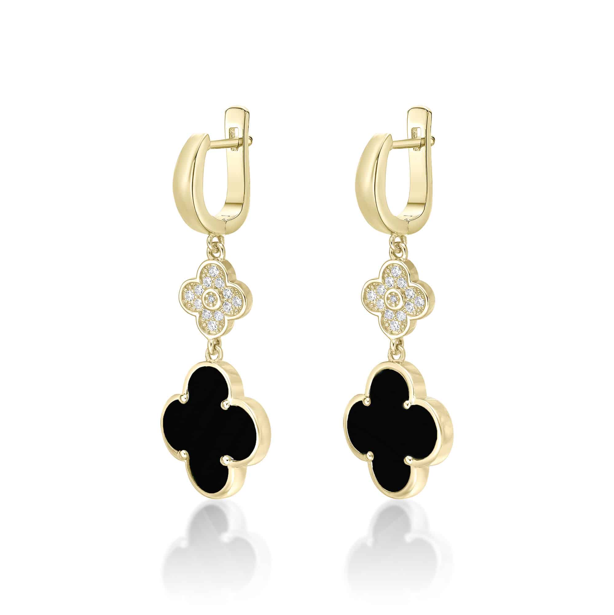 Women's Black Onyx Double Flower Earrings in Yellow Gold Plated Sterling Silver with Cubic Zirconia - Hinged Back - Flora | Lavari Jewelers