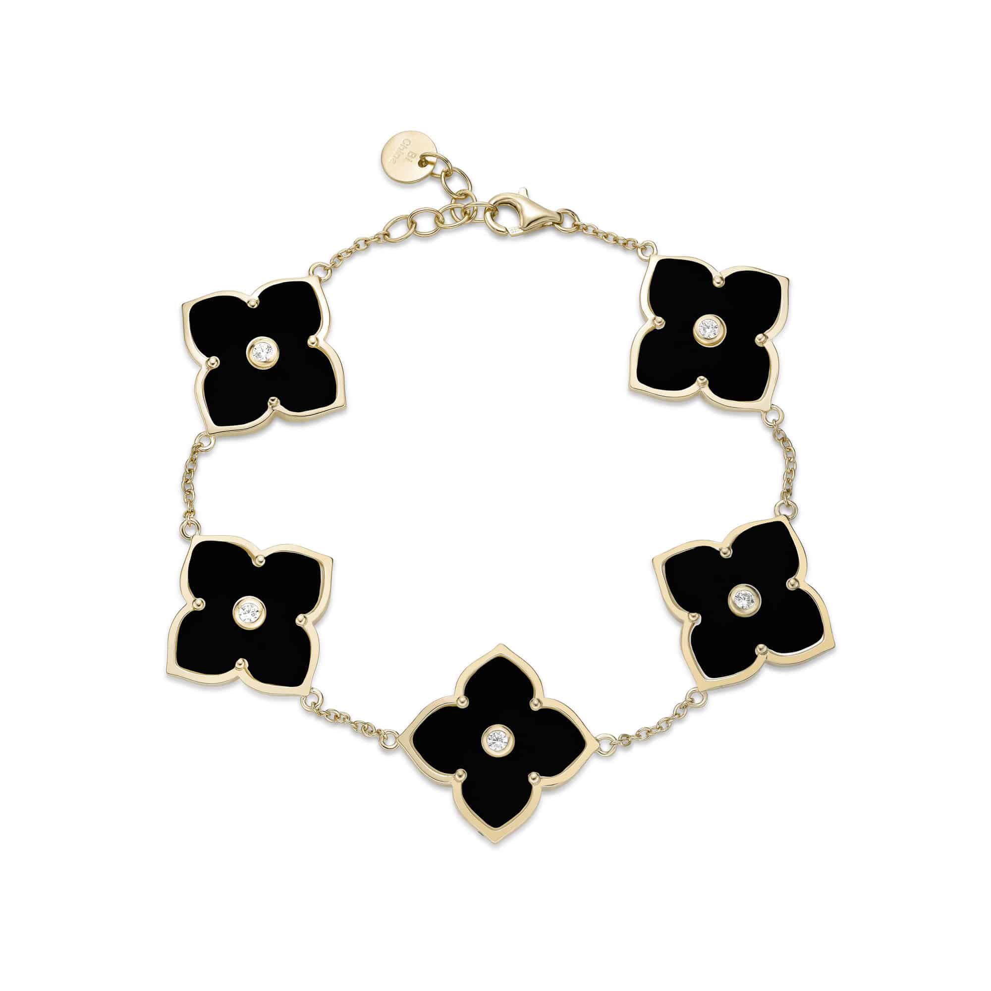 Women's Black Onyx Five-Station Flower Bracelet in Yellow Gold Plated Sterling Silver with Cubic Zirconia - 7-8 Inch Adjustable Cable Chain - Flora | Lavari Jewelers