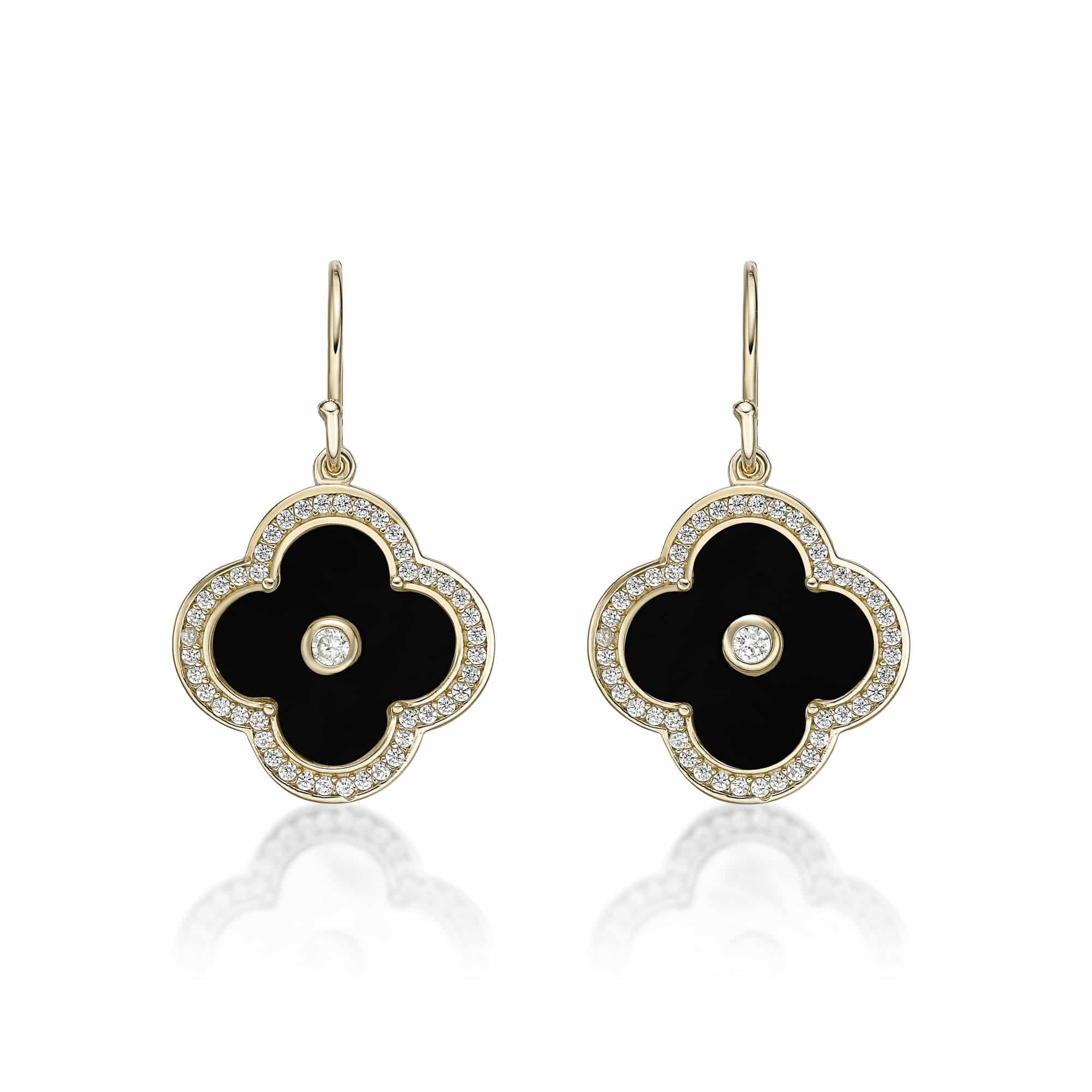 Women's Black Onyx Flower Fish Hook Earrings Yellow Gold Plated Sterling Silver with Cubic Zirconia Halo - Flora | Lavari Jewelers
