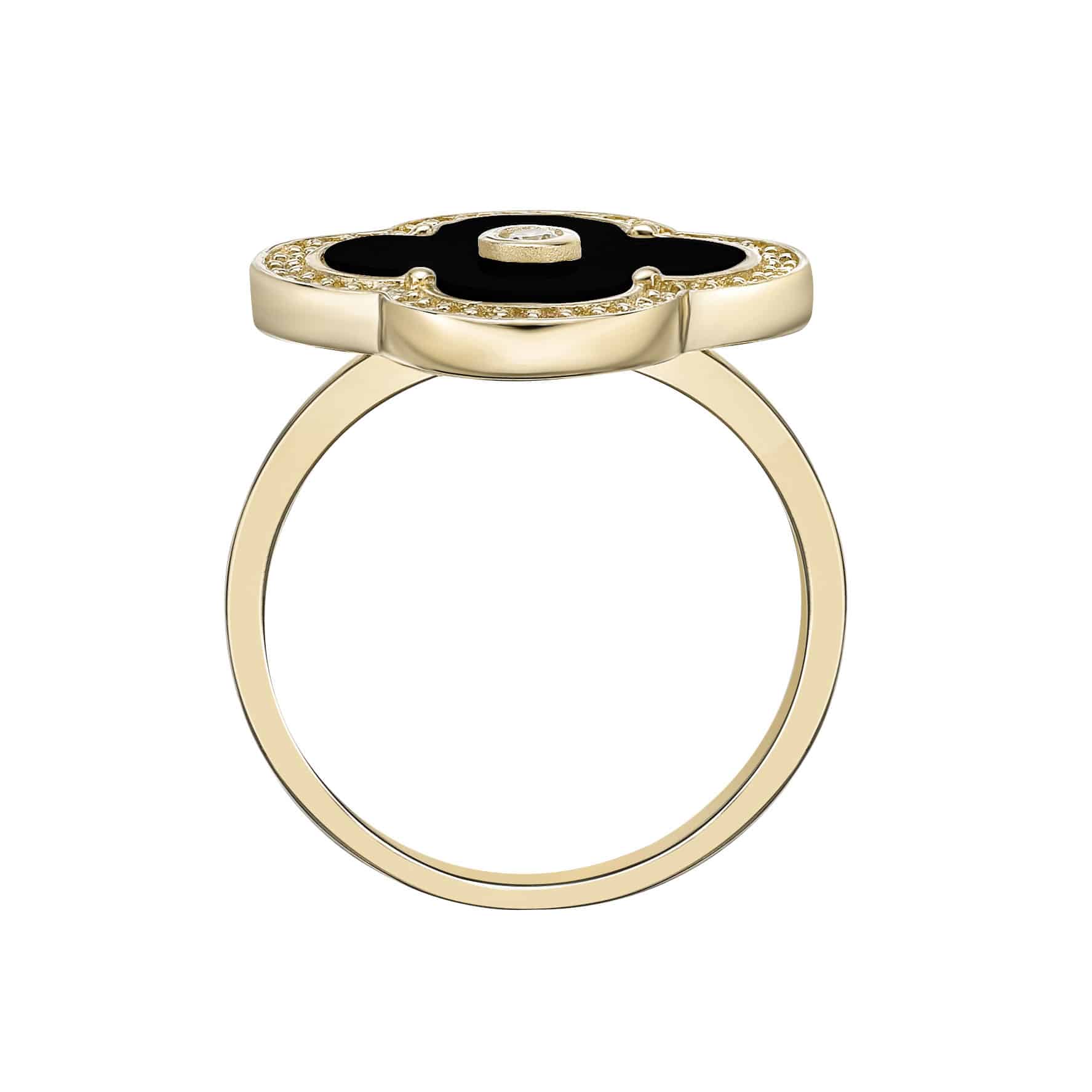 Women's Black Onyx Flower Ring in Yellow Gold Plated Sterling Silver with Cubic Zirconia Halo - Flora | Lavari Jewelers