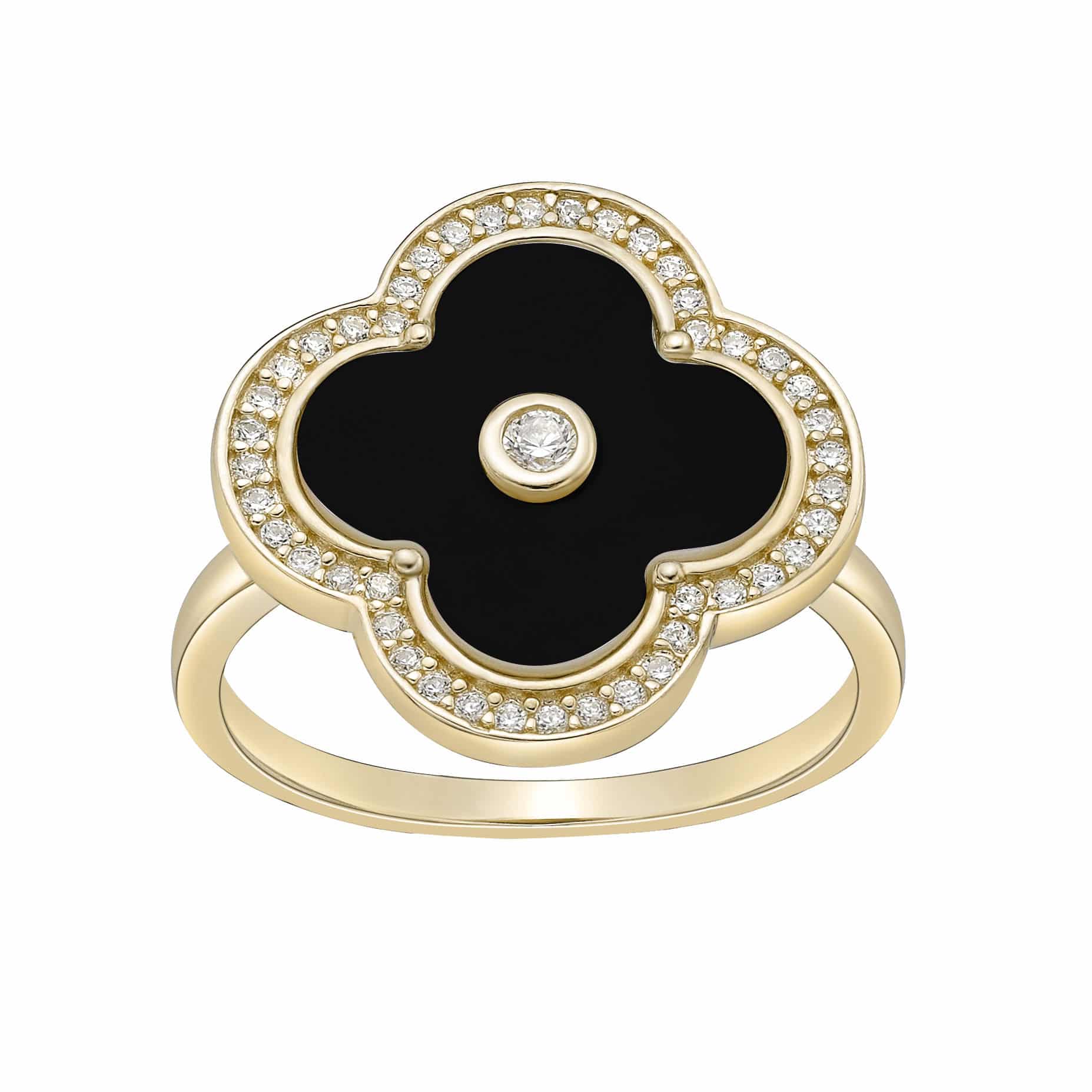 Women's Black Onyx Flower Ring in Yellow Gold Plated Sterling Silver with Cubic Zirconia Halo - Flora | Lavari Jewelers