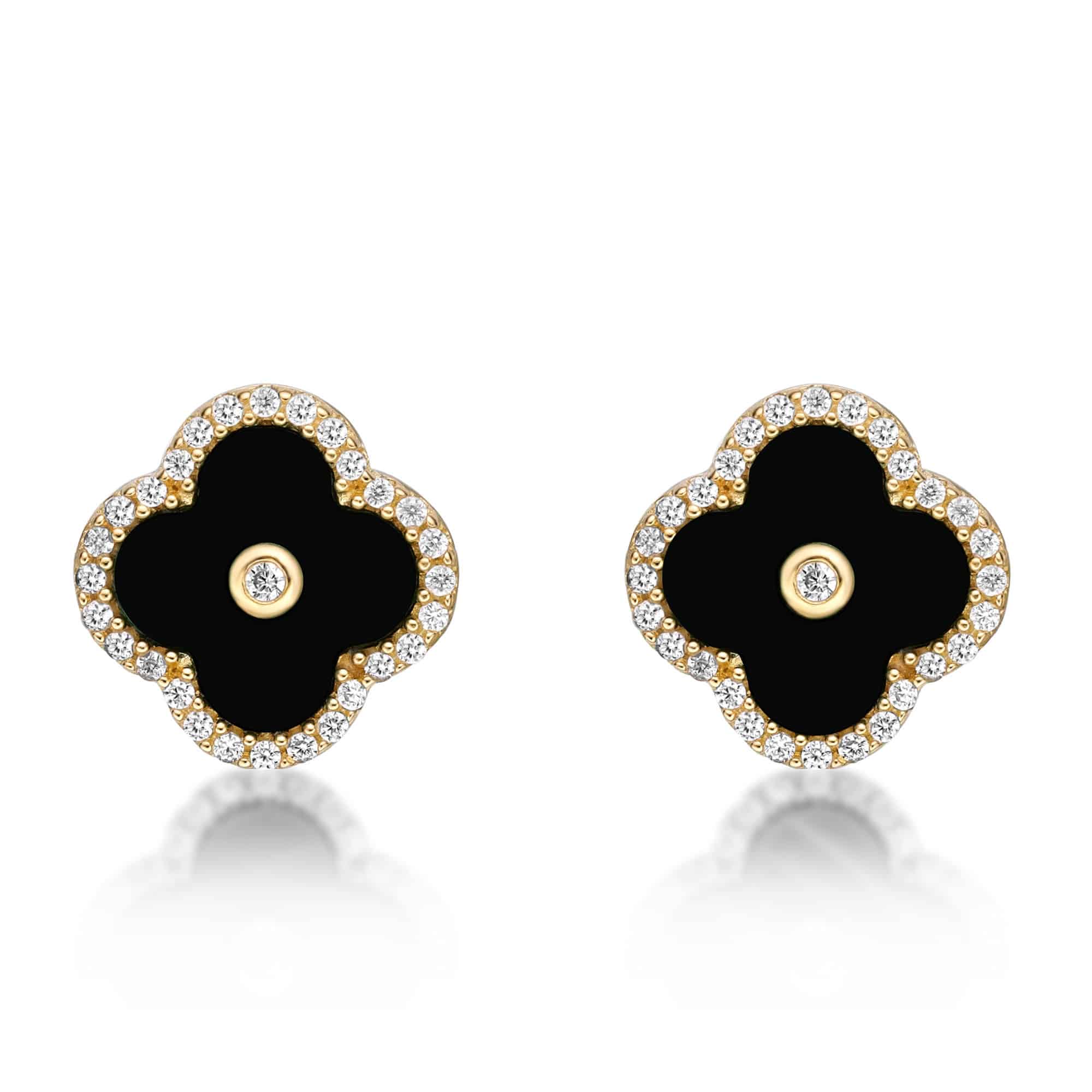 Women's Black Onyx Flower Stud Earrings in Yellow Gold Plated Sterling Silver with Cubic Zirconia Halo - Friction Back - Flora | Lavari Jewelers