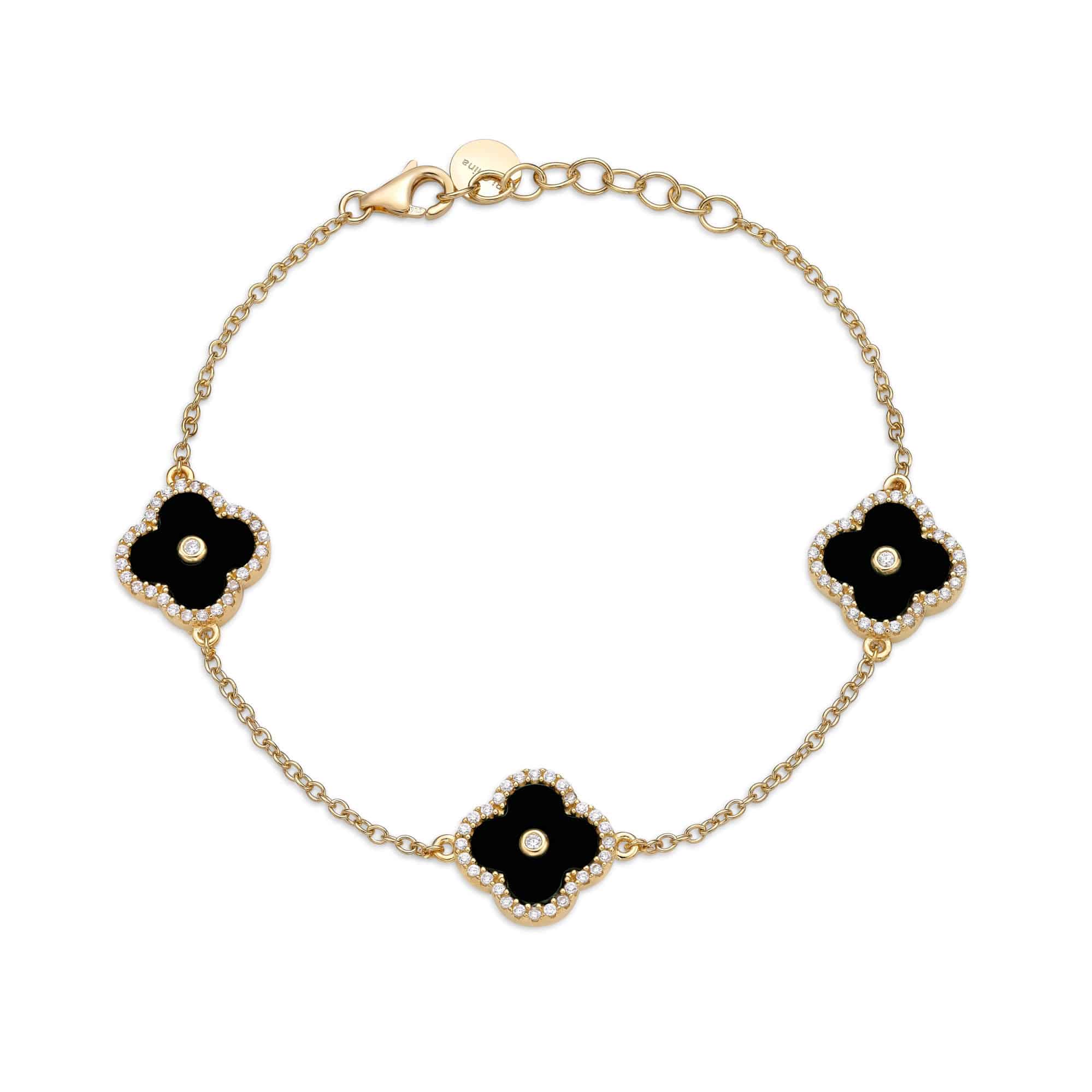 Women's Black Onyx Three-Station Flower Bracelet in Yellow Gold Plated Sterling Silver with Cubic Zirconia Halo - 7-8 Inch Adjustable Cable Chain - Flora | Lavari Jewelers